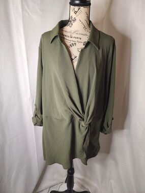 Olive Green Twist-Front Women's Blouse